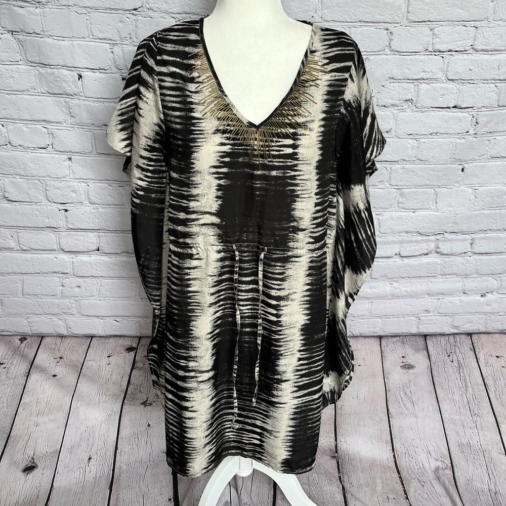 Calvin Klein Swimsuit Cover Up Caftan Black White Gold Colored Beading